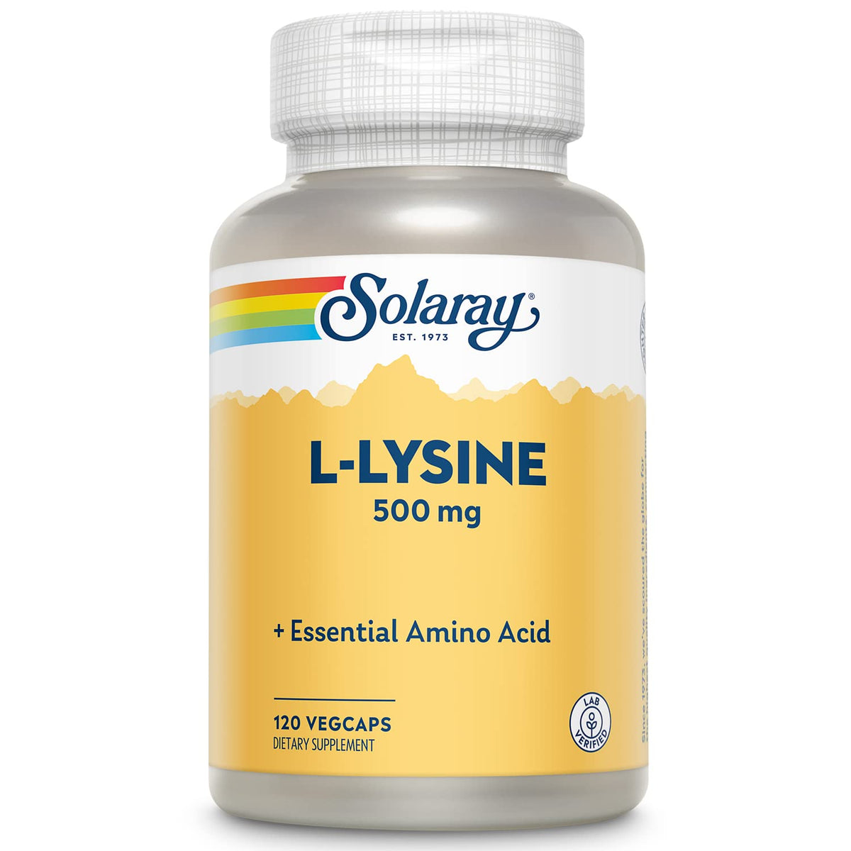 SOLARAY lisina L-500 mg cápsulas para apoyo diario de aminoácidos esenciales.
