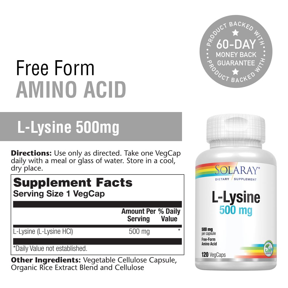 Etiqueta SOLARAY lisina L-500 mg destacando pureza y calidad de la fórmula.