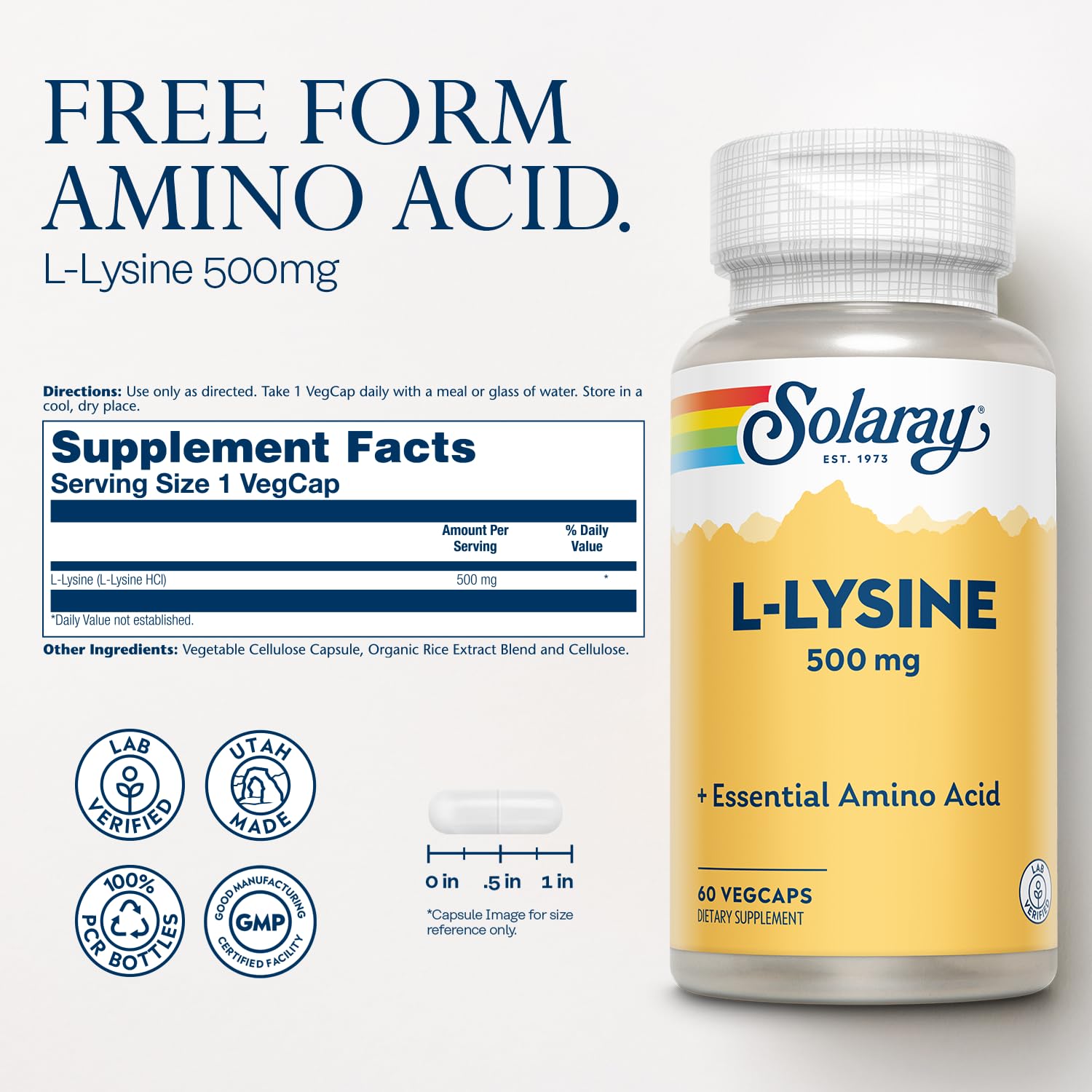 SOLARAY L Lysine capsules close-up showing VegCaps for easy daily use