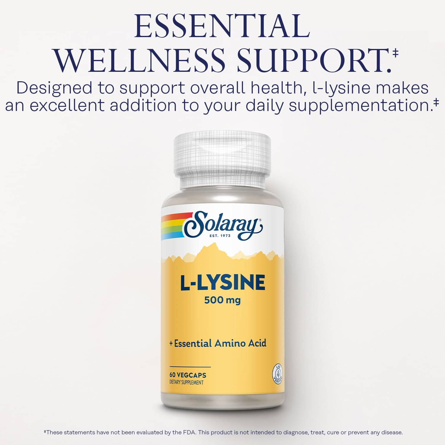 SOLARAY L Lysine 500 mg vegan packaging highlighting plant-based capsules