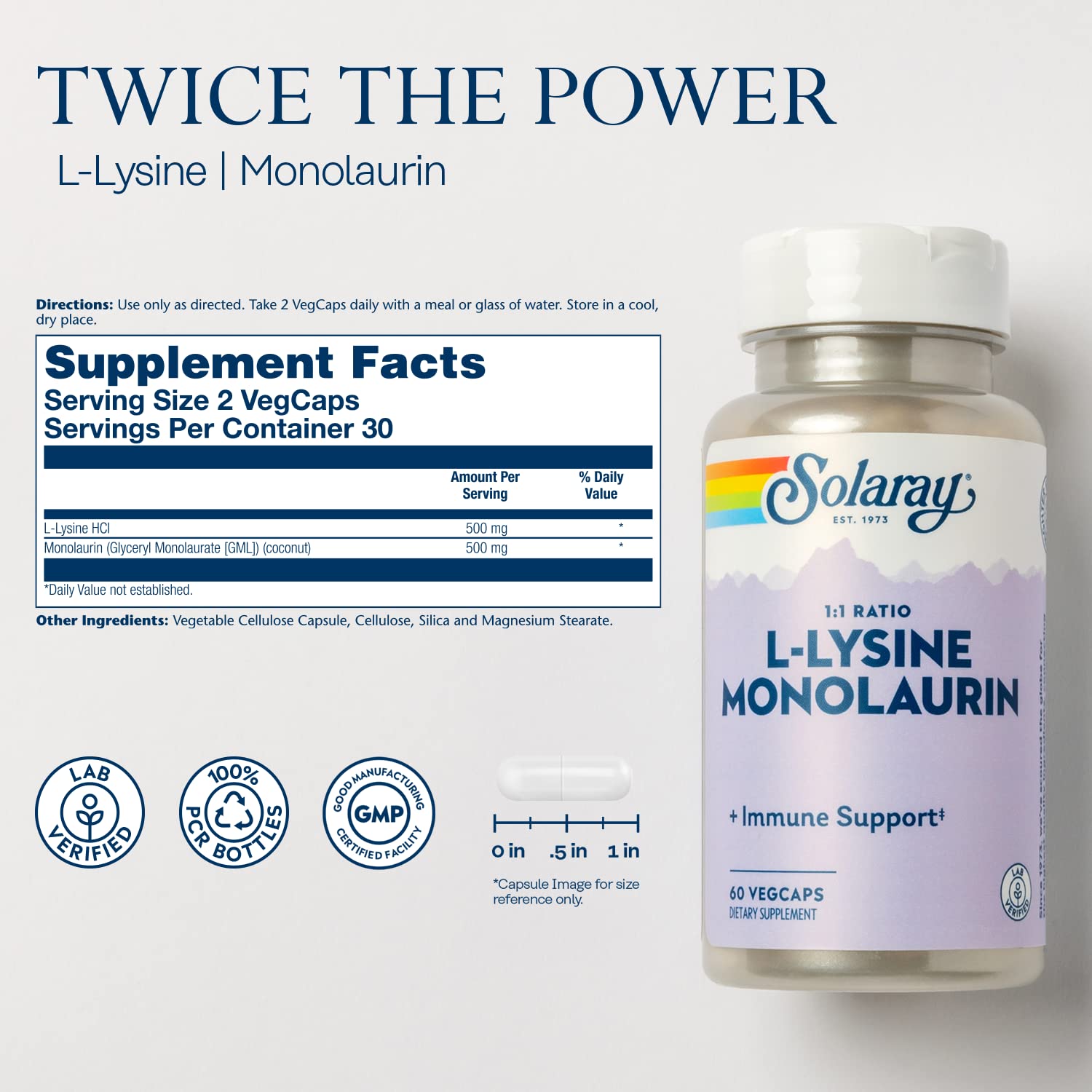 SOLARAY L-Lysine Monolaurin capsules close-up showing VegCaps.