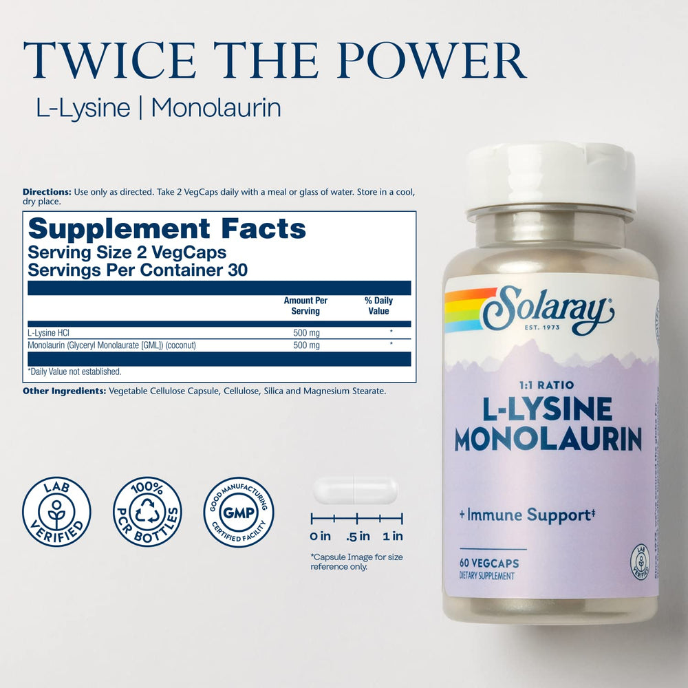 SOLARAY L-Lysine Monolaurin capsules close-up showing VegCaps.