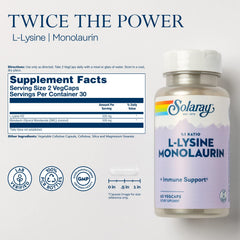 SOLARAY L-Lysine Monolaurin capsules close-up showing VegCaps.