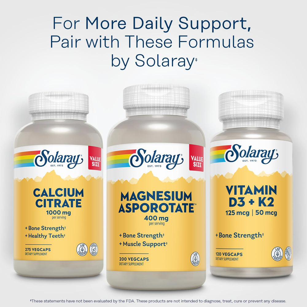Solaray bottle back panel shows 60-day guarantee and quality testing for peace of mind.