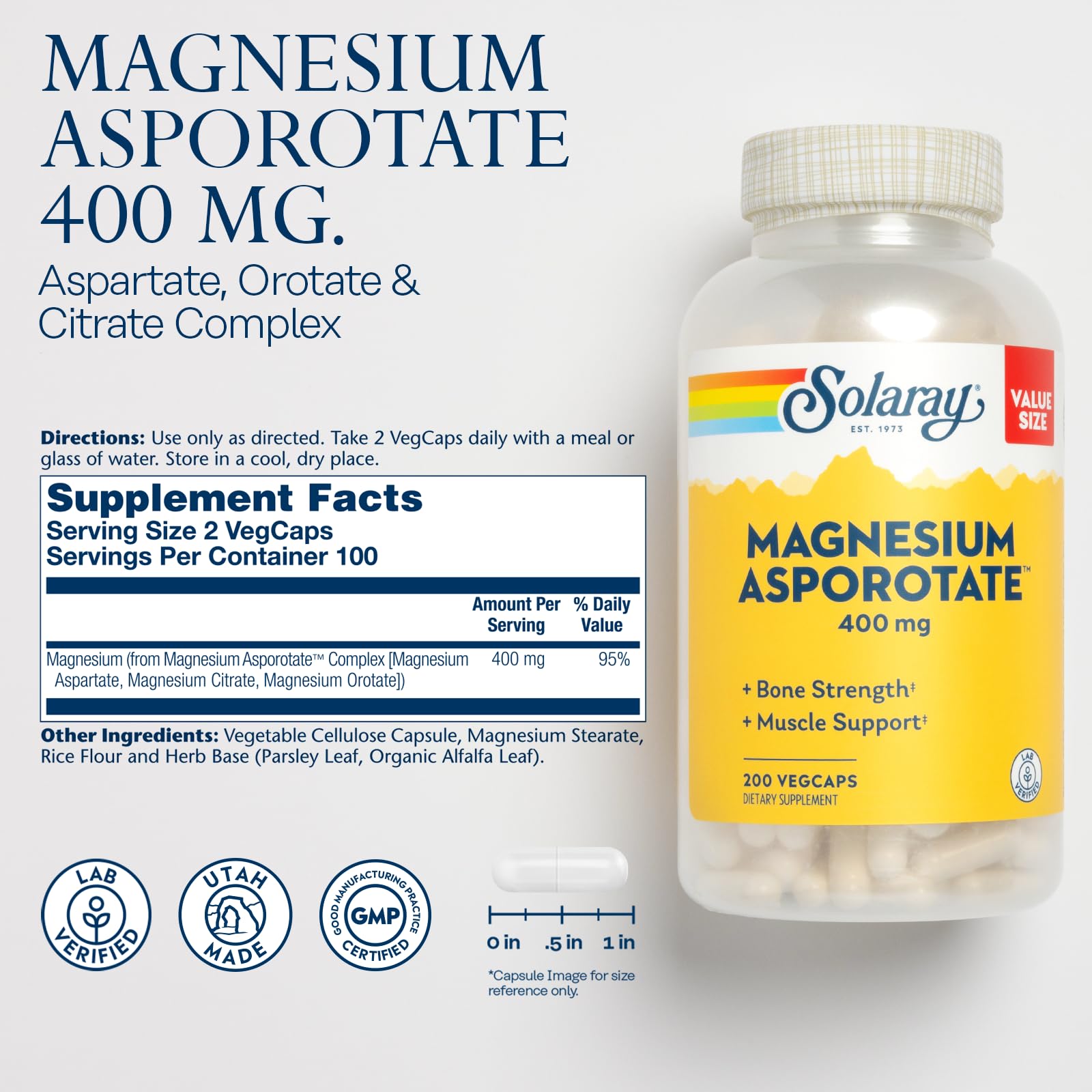 Solaray Magnesium Asporotate bottle label close-up highlighting high-absorption aspartate, citrate, and orotate complex.