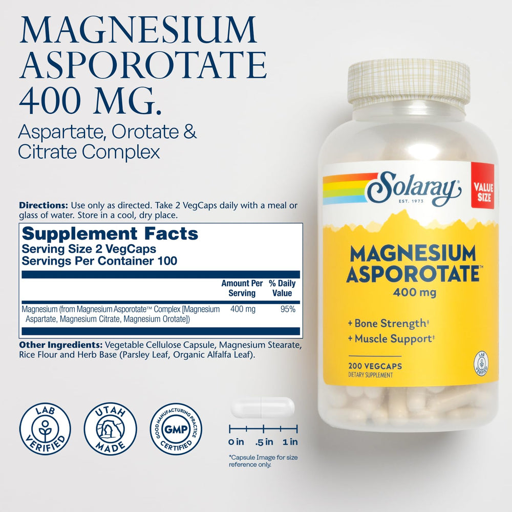 Solaray Magnesium Asporotate bottle label close-up highlighting high-absorption aspartate, citrate, and orotate complex.
