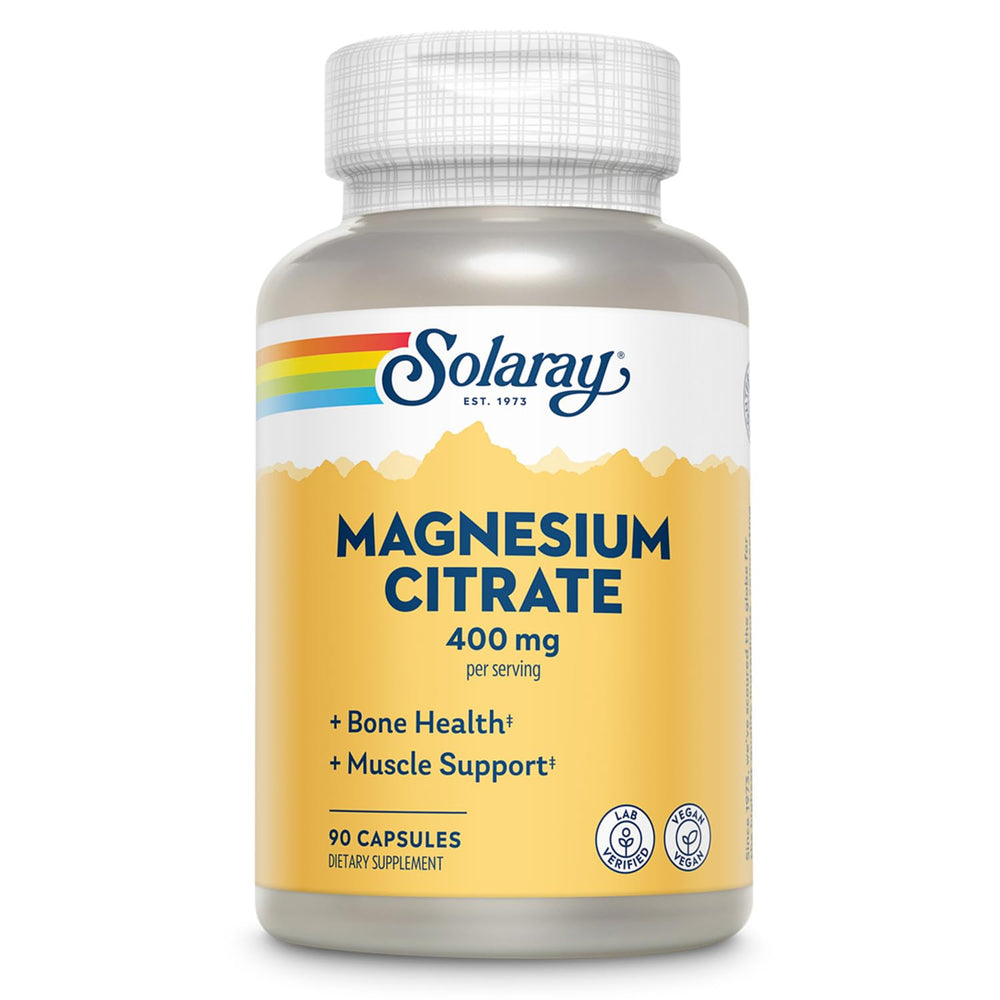 Solaray Magnesium Citrate 400 mg bottle supports daily calm and energy.