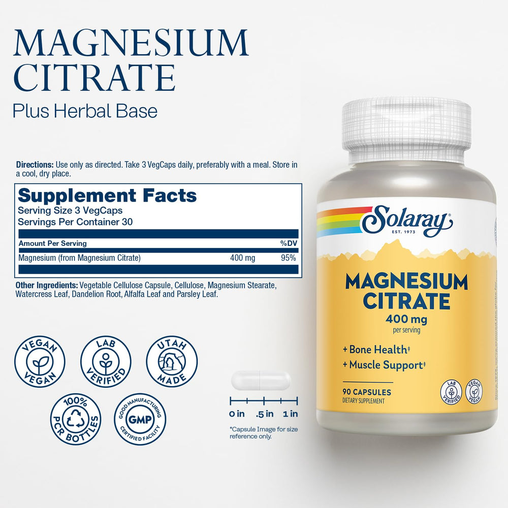 Solaray Magnesium Citrate capsules ready for bone and muscle health.