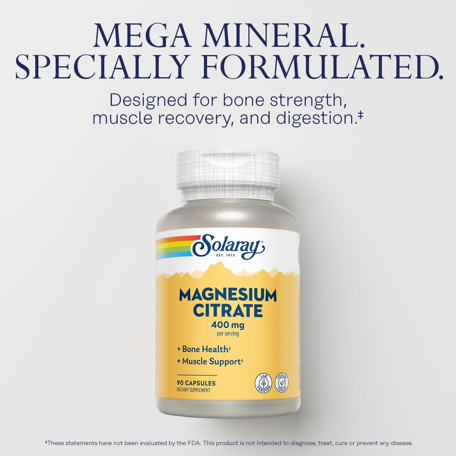 Solaray Magnesium Citrate label with dosage and vegan notes.