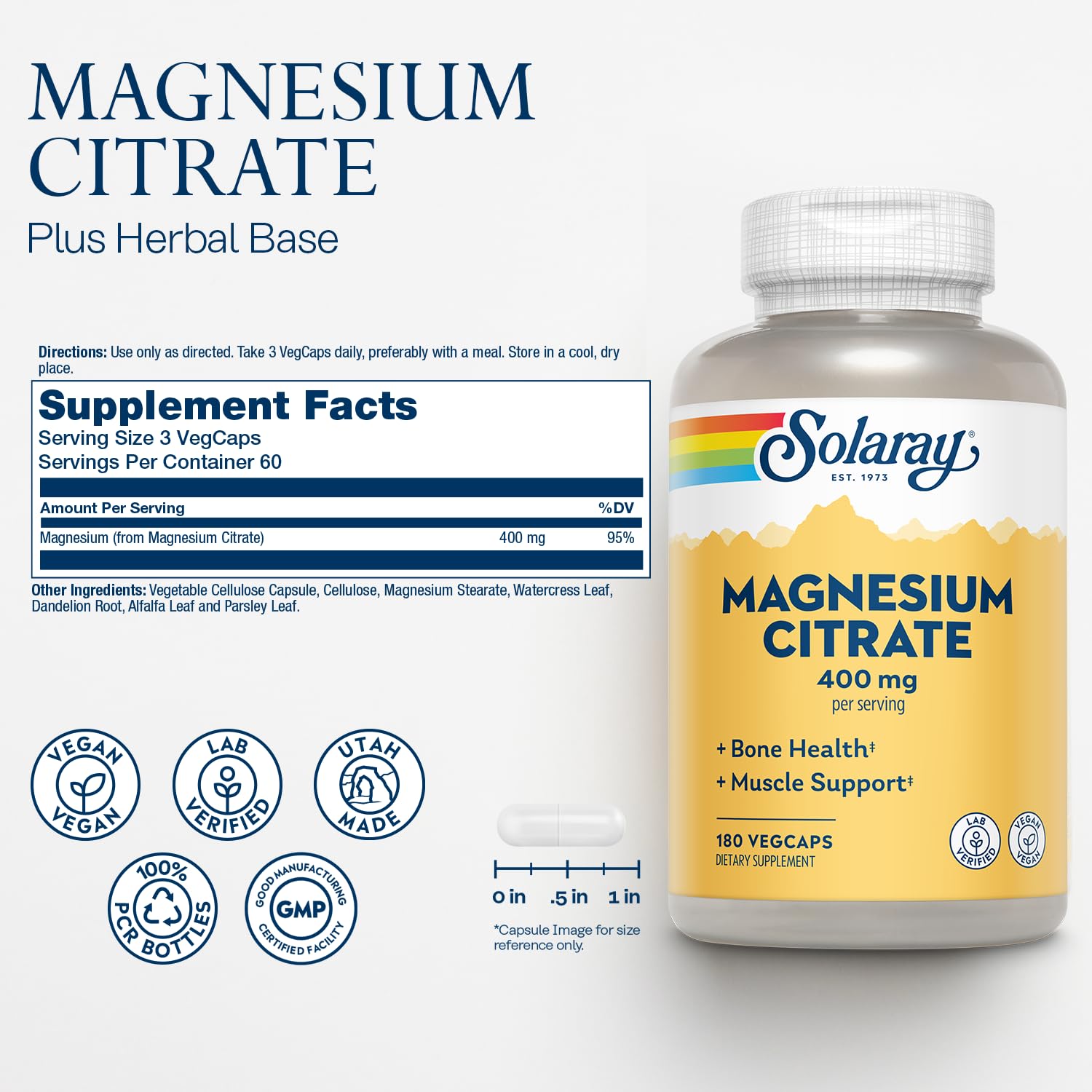 Solaray Magnesium Citrate capsules closeup highlighting chelated formula for absorption