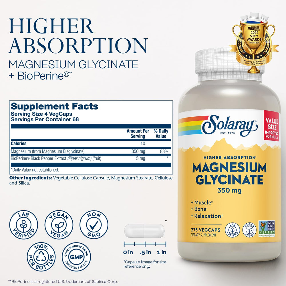 SOLARAY Magnesium Glycinate bottle label highlights high absorption with BioPerine.