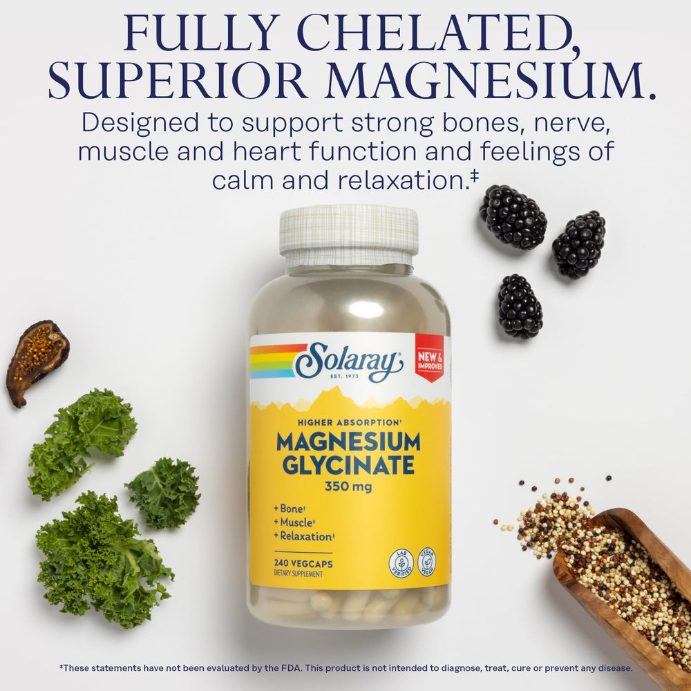 SOLARAY Magnesium Glycinate capsules close-up emphasizing gentle digestion.