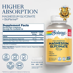 SOLARAY Magnesium Glycinate capsules closeup highlights coated capsules for gentle digestion.