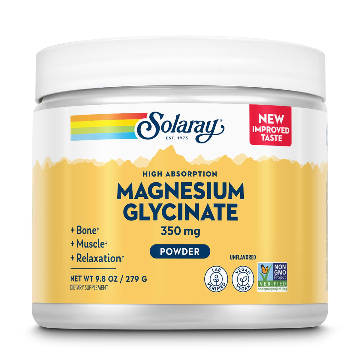 SOLARAY Magnesium Glycinate Powder bottle with 350 mg per serving for daily support.
