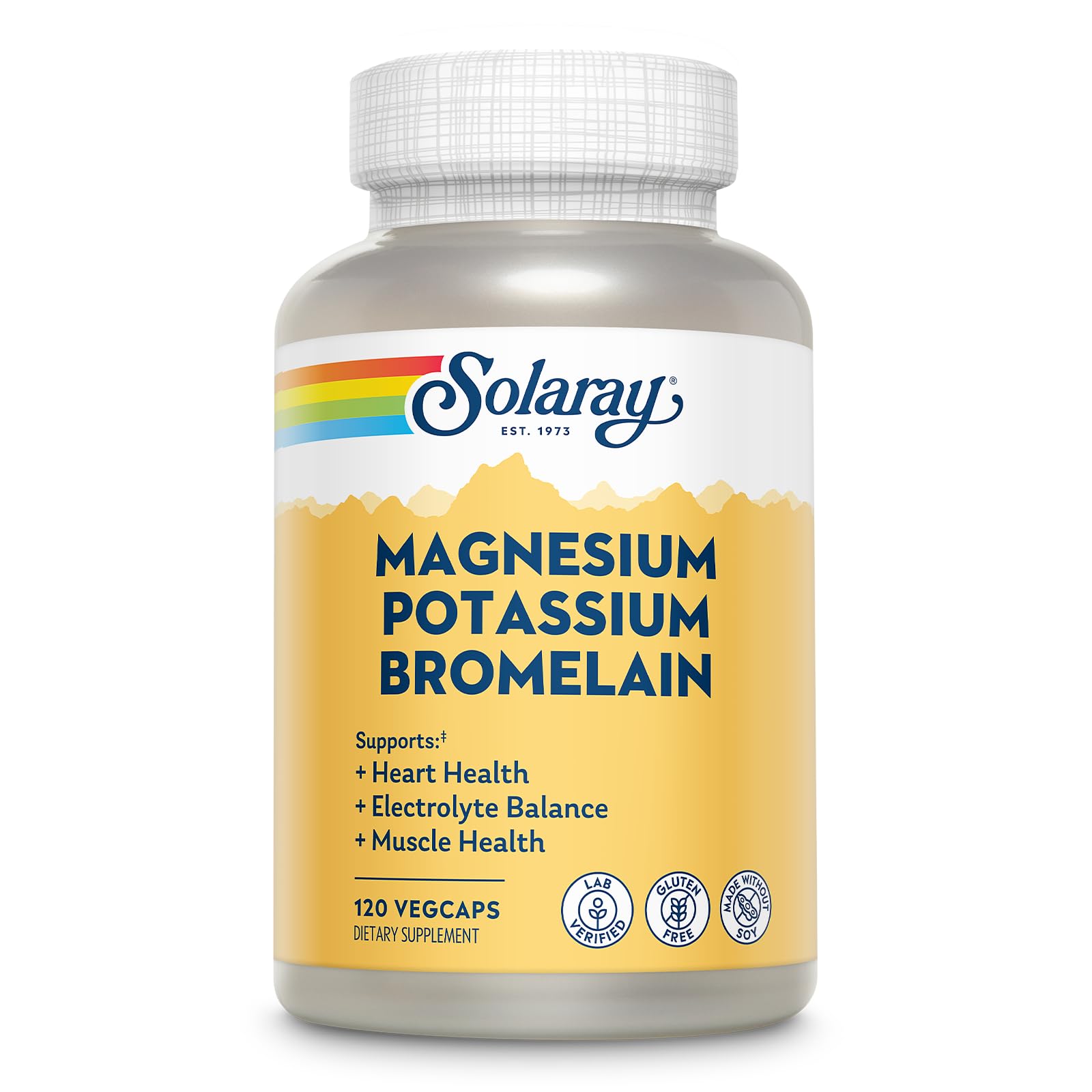 Solaray magnesium-potassium asporotates bottle with capsules for daily mineral balance and support.