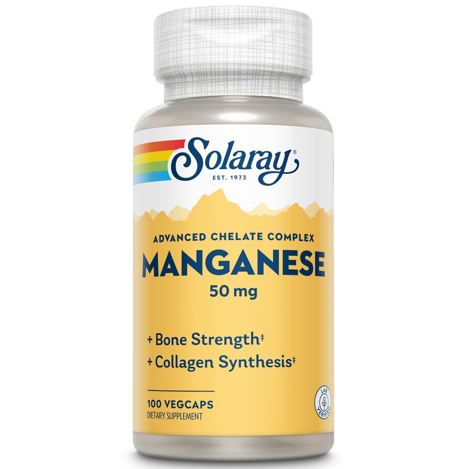 SOLARAY Manganese supplement bottle front emphasizes 50 mg per serving for bone support