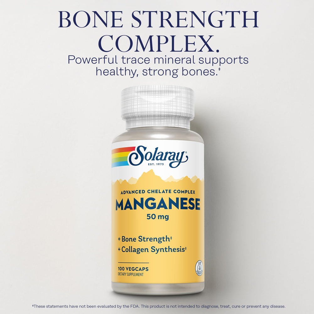 SOLARAY Manganese supplement label close-up highlights dosage and ingredients