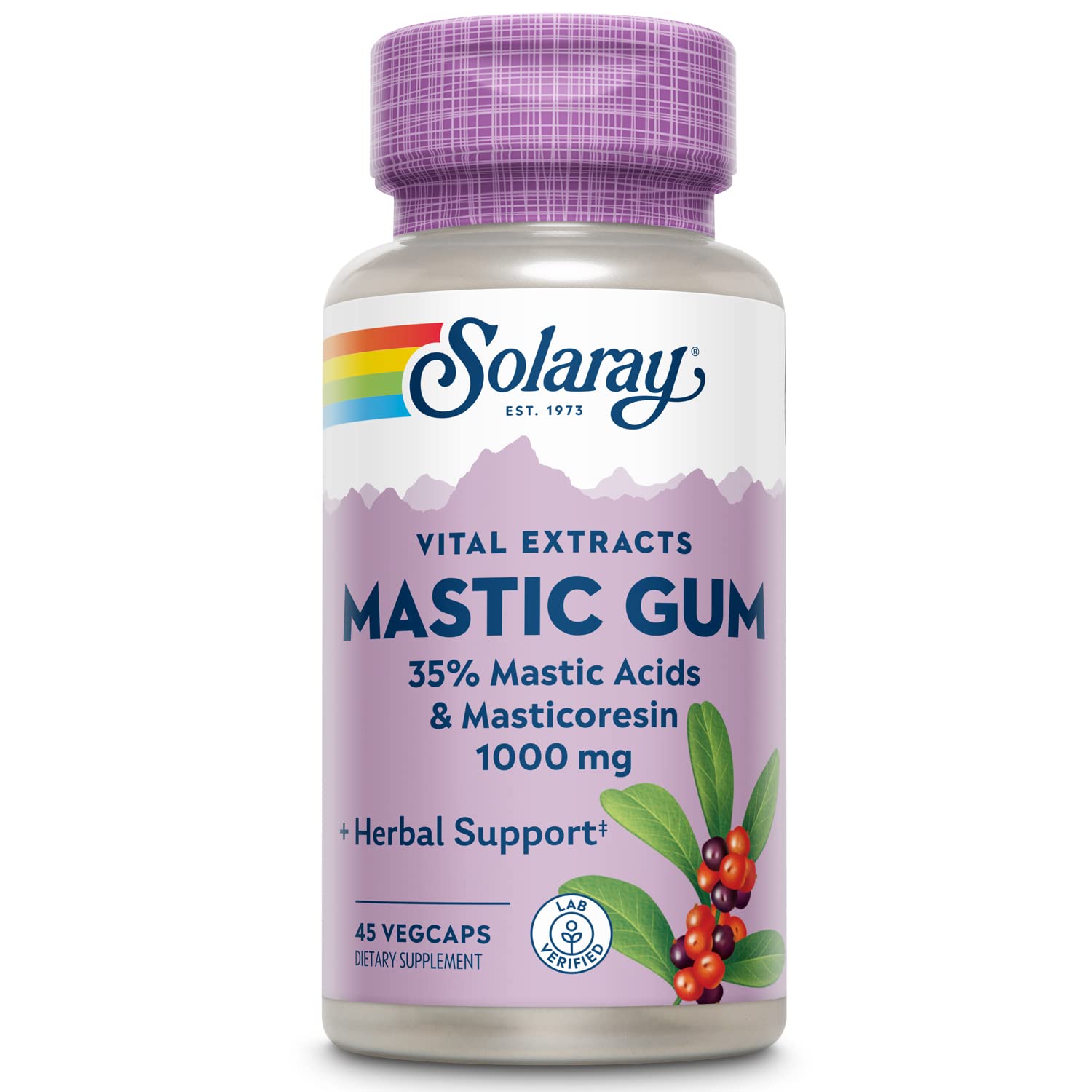SOLARAY Mastic Gum Extract bottle label highlighting digestive support and quality