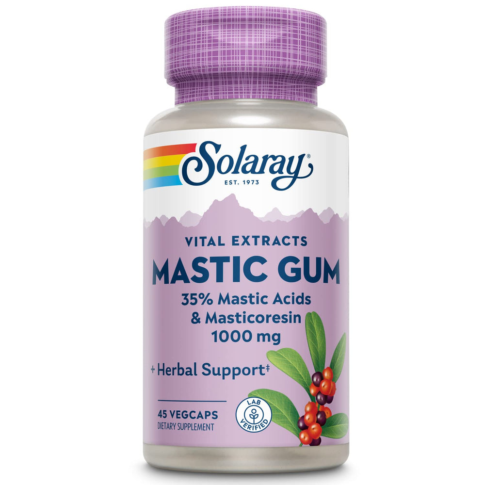 SOLARAY Mastic Gum Extract bottle label highlighting digestive support and quality