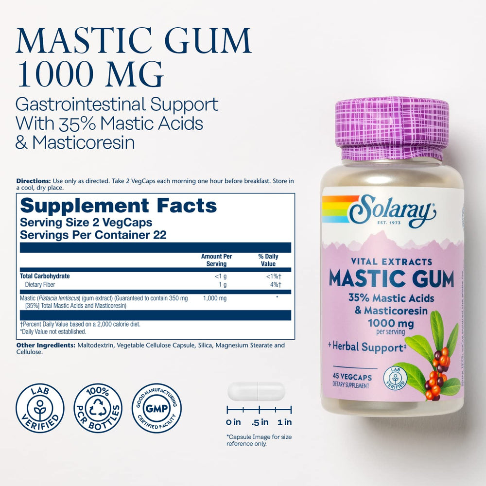 Close-up of SOLARAY capsules showing a 1000 mg dose for GI support