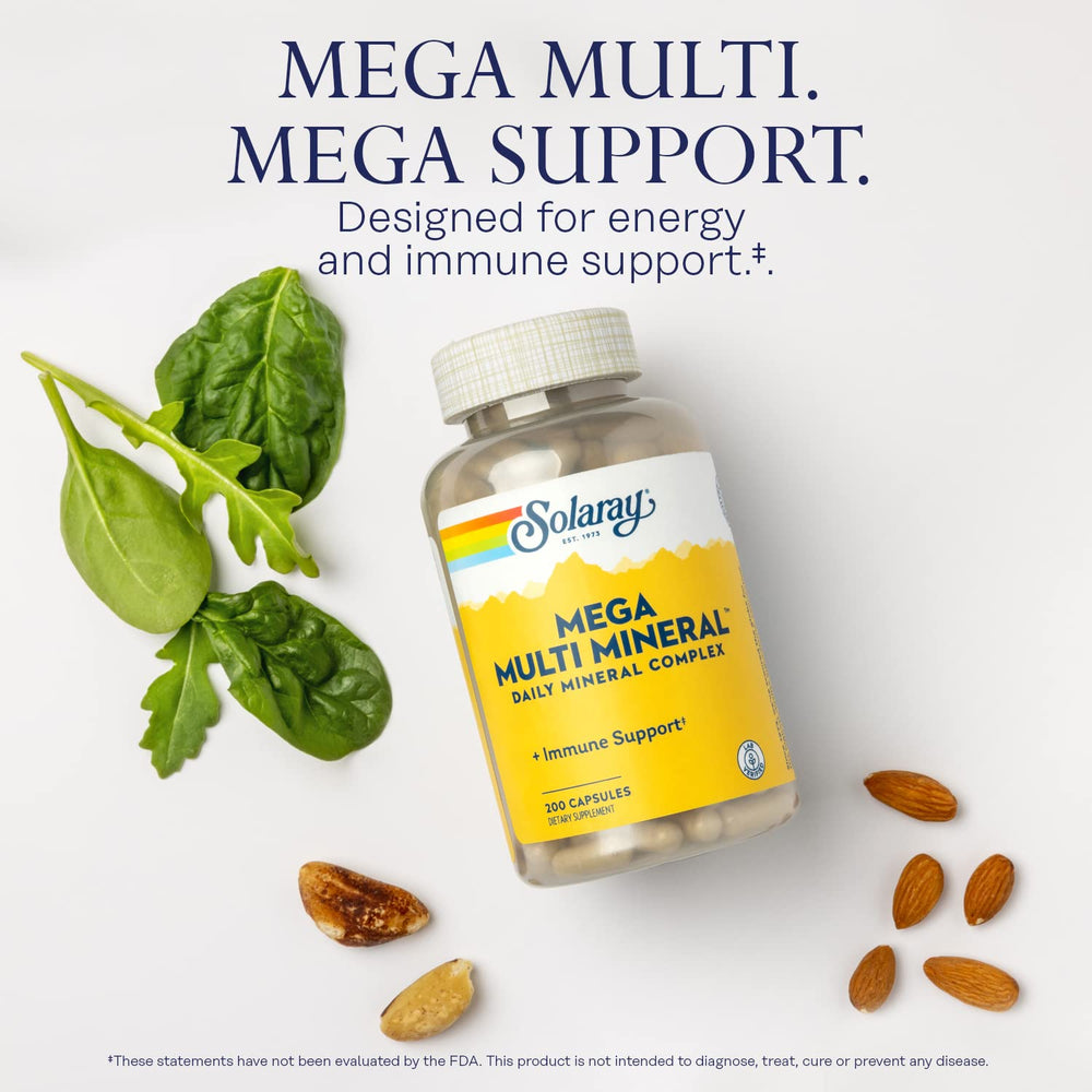 SOLARAY Mega Multi Mineral label view shows potency and non-GMO verification