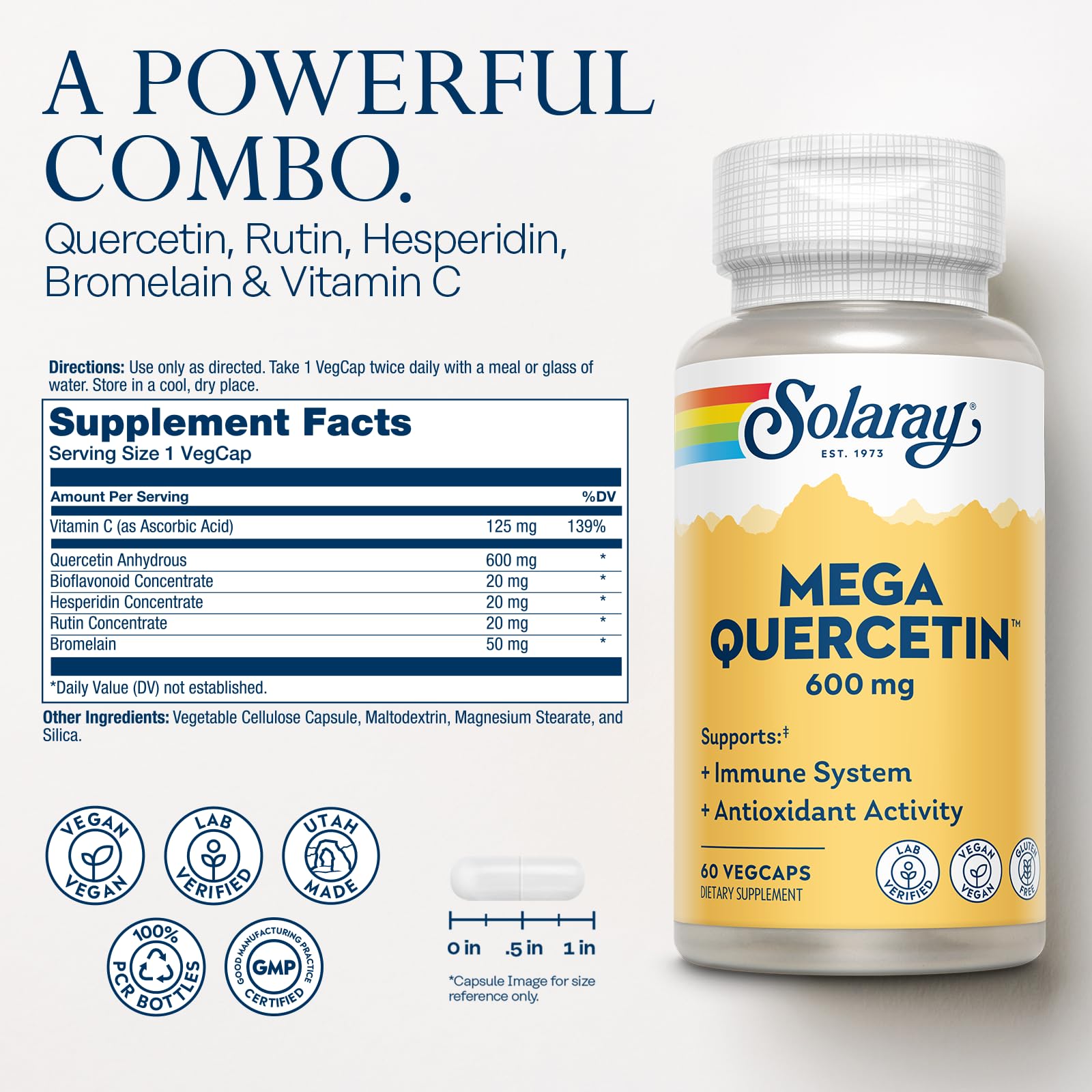 Solaray Mega Quercetin label close-up showing vitamin C and bioflavonoids