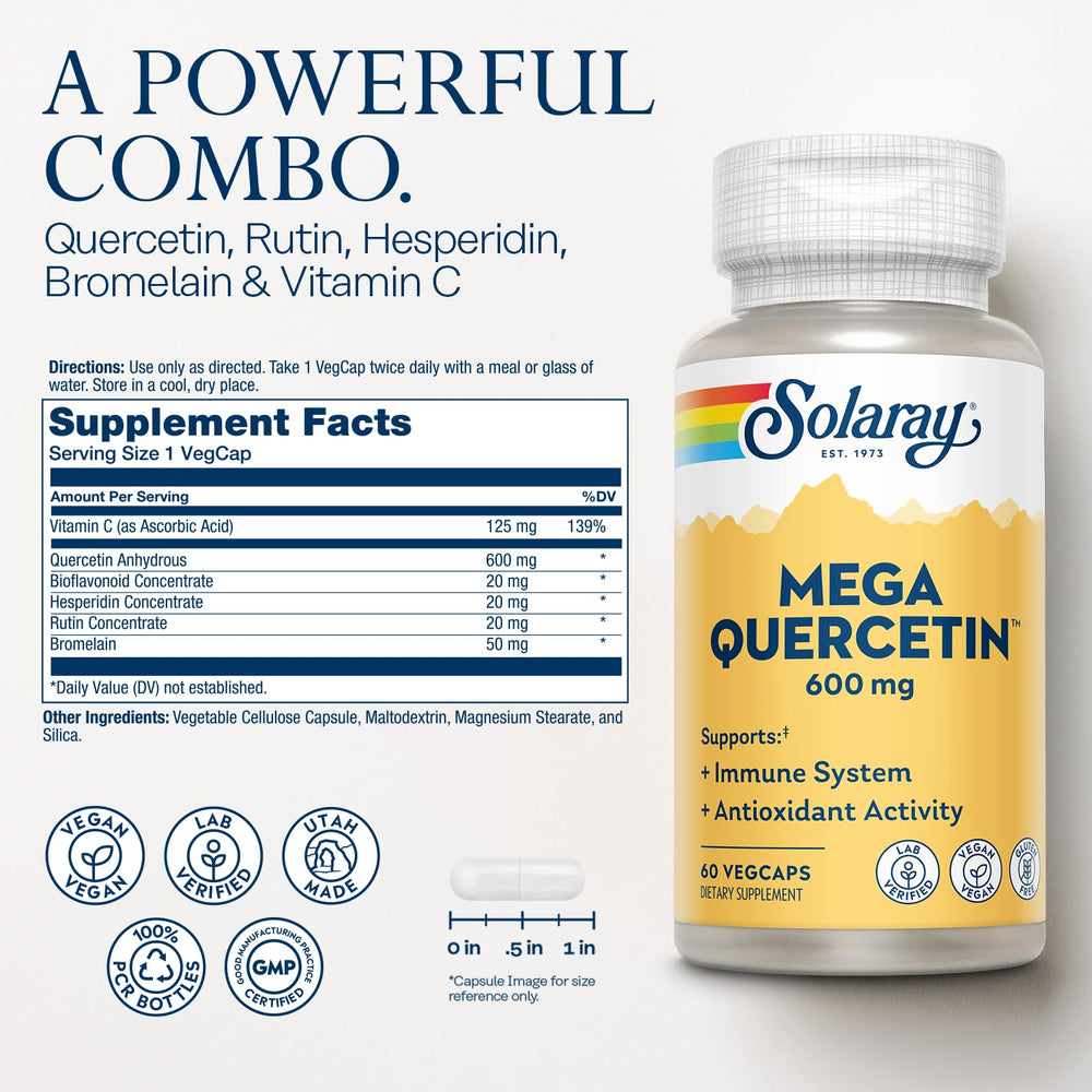 Solaray Mega Quercetin label close-up showing vitamin C and bioflavonoids