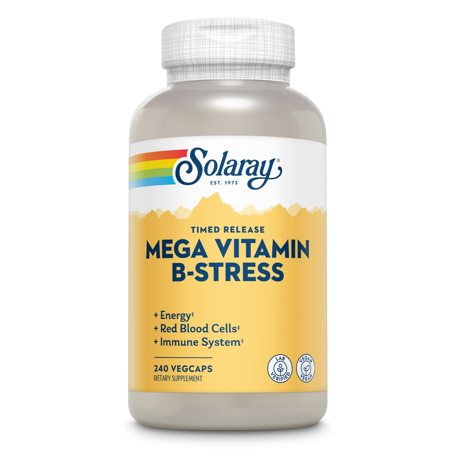 SOLARAY Mega Vitamin B-Stress bottle close-up for energy support