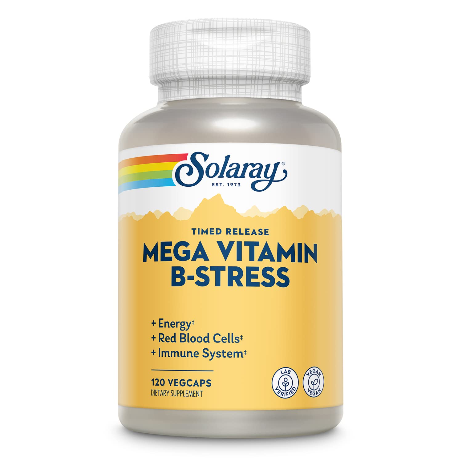 SOLARAY Mega Vitamin B-Stress bottle pour with capsules, ready for daily use