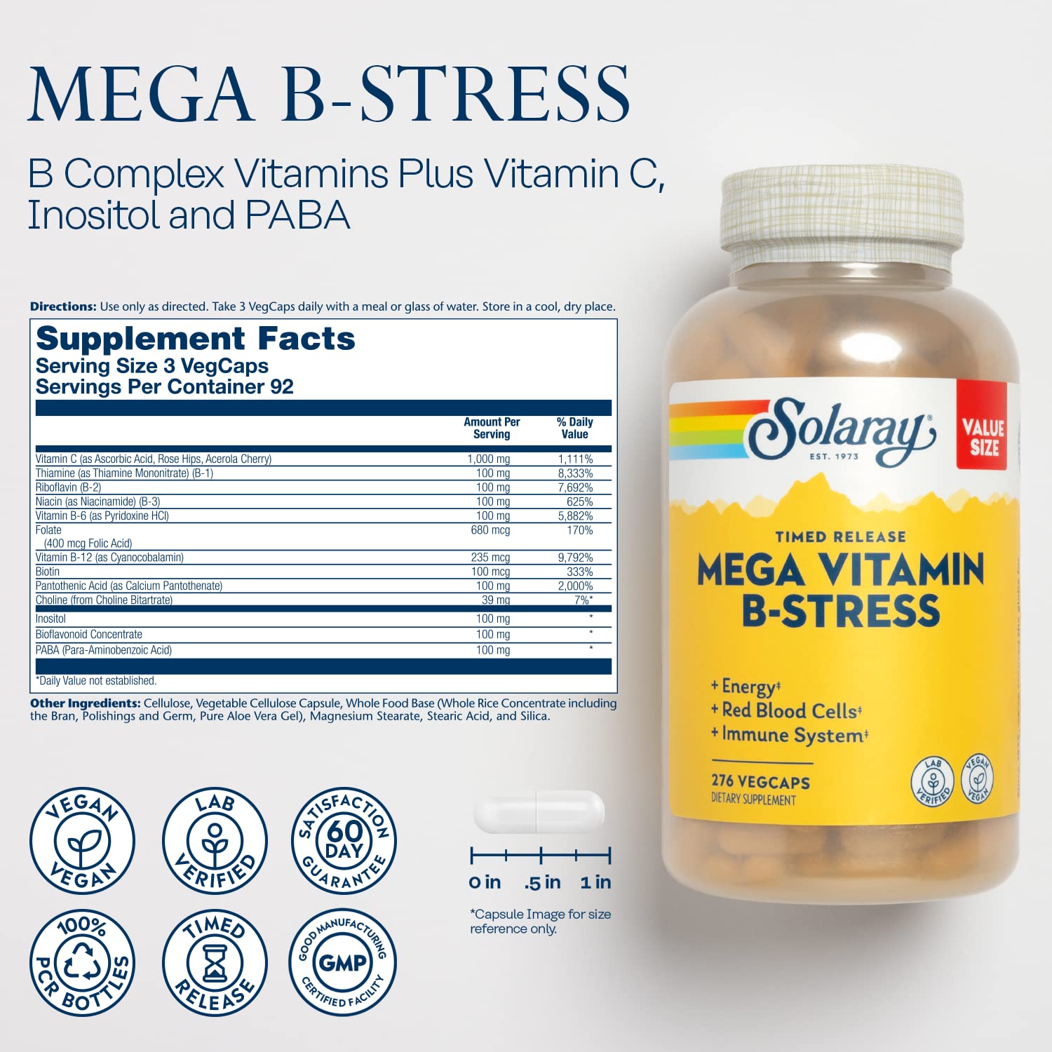 SOLARAY Mega Vitamin B-Stress capsules closeup highlighting easy-to-swallow tablets