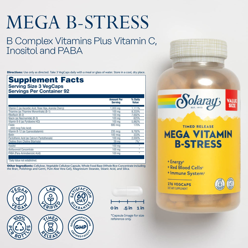 SOLARAY Mega Vitamin B-Stress capsules closeup highlighting easy-to-swallow tablets