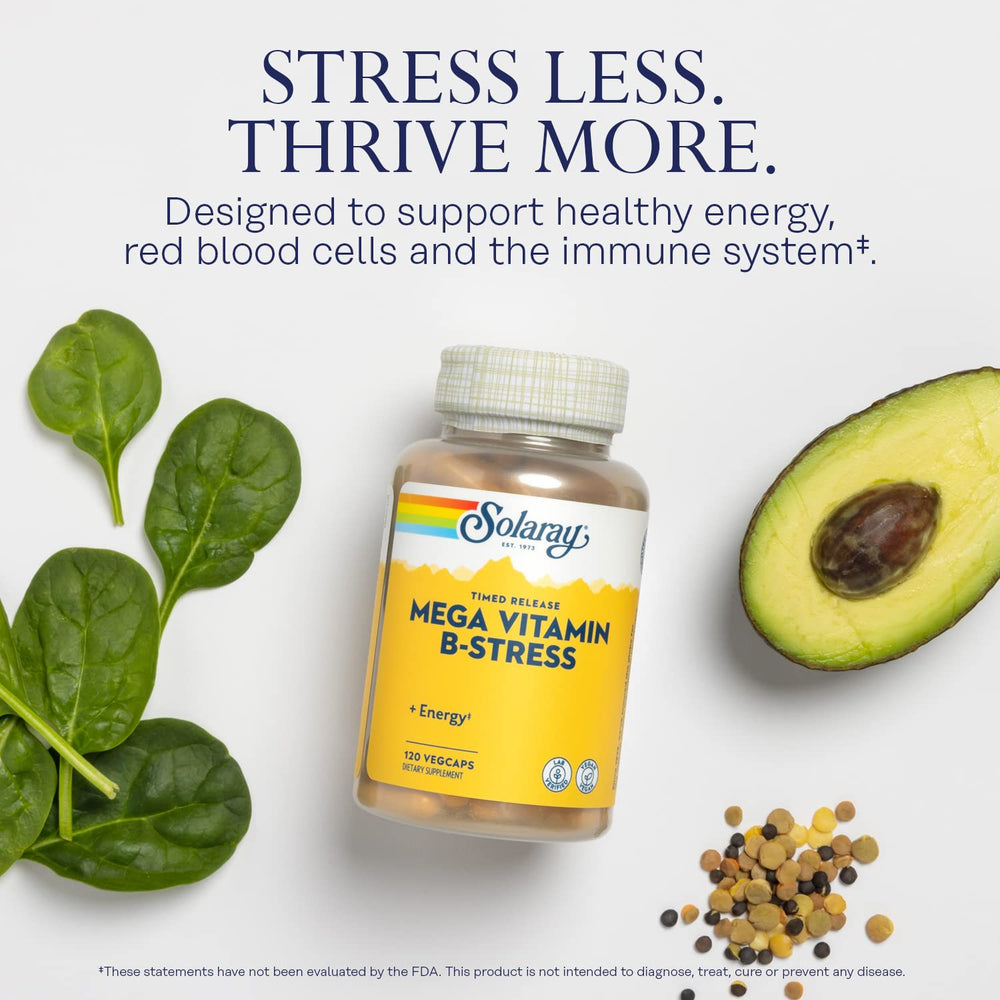 SOLARAY Mega Vitamin B-Stress capsules close-up, showing daily energy support