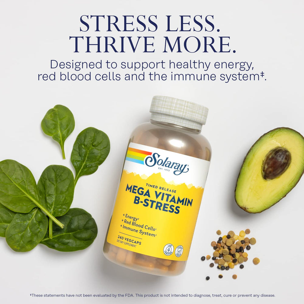 SOLARAY Mega Vitamin B-Stress capsules in hand for easy supplementation