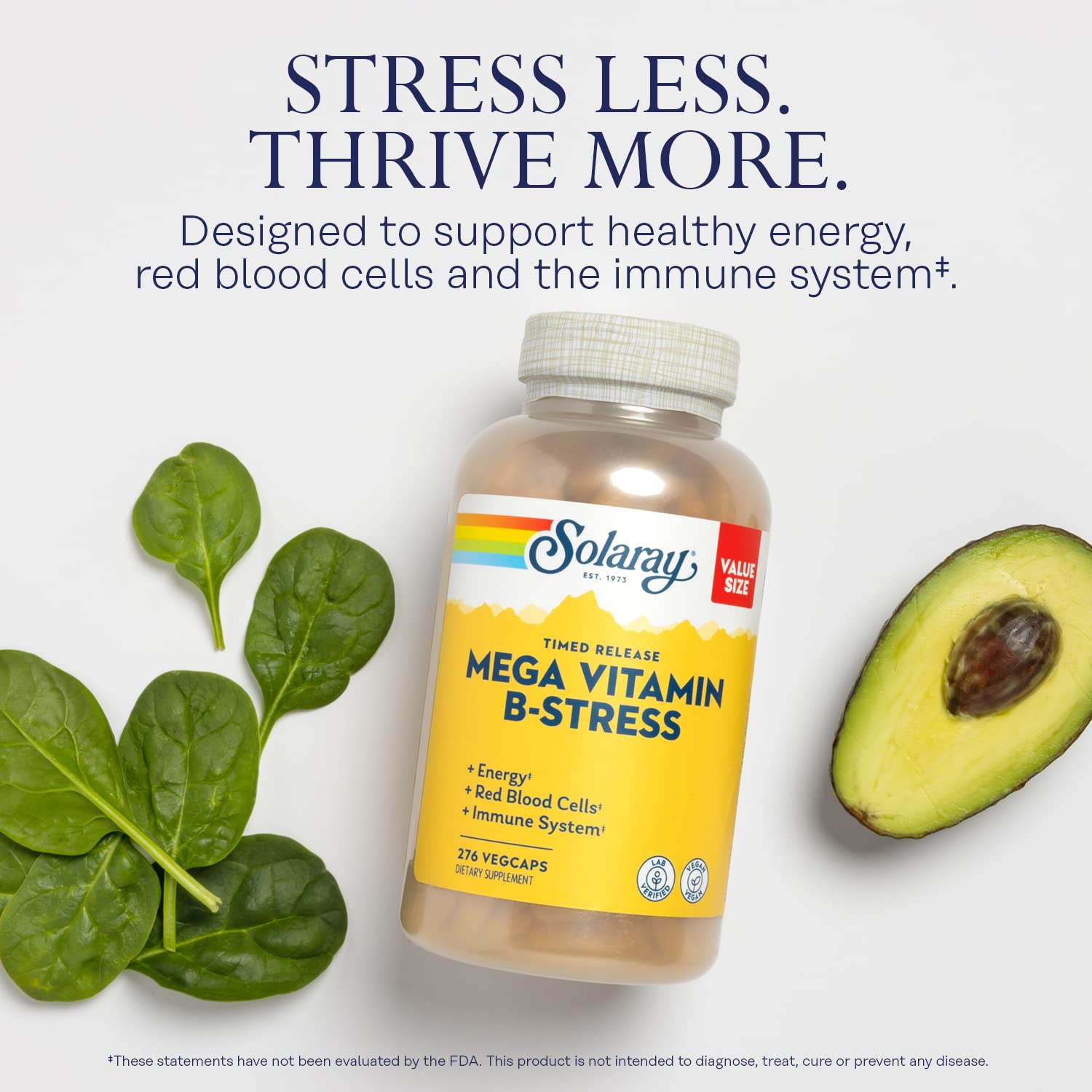 SOLARAY Mega Vitamin B-Stress ingredients panel with B vitamins and vitamin C