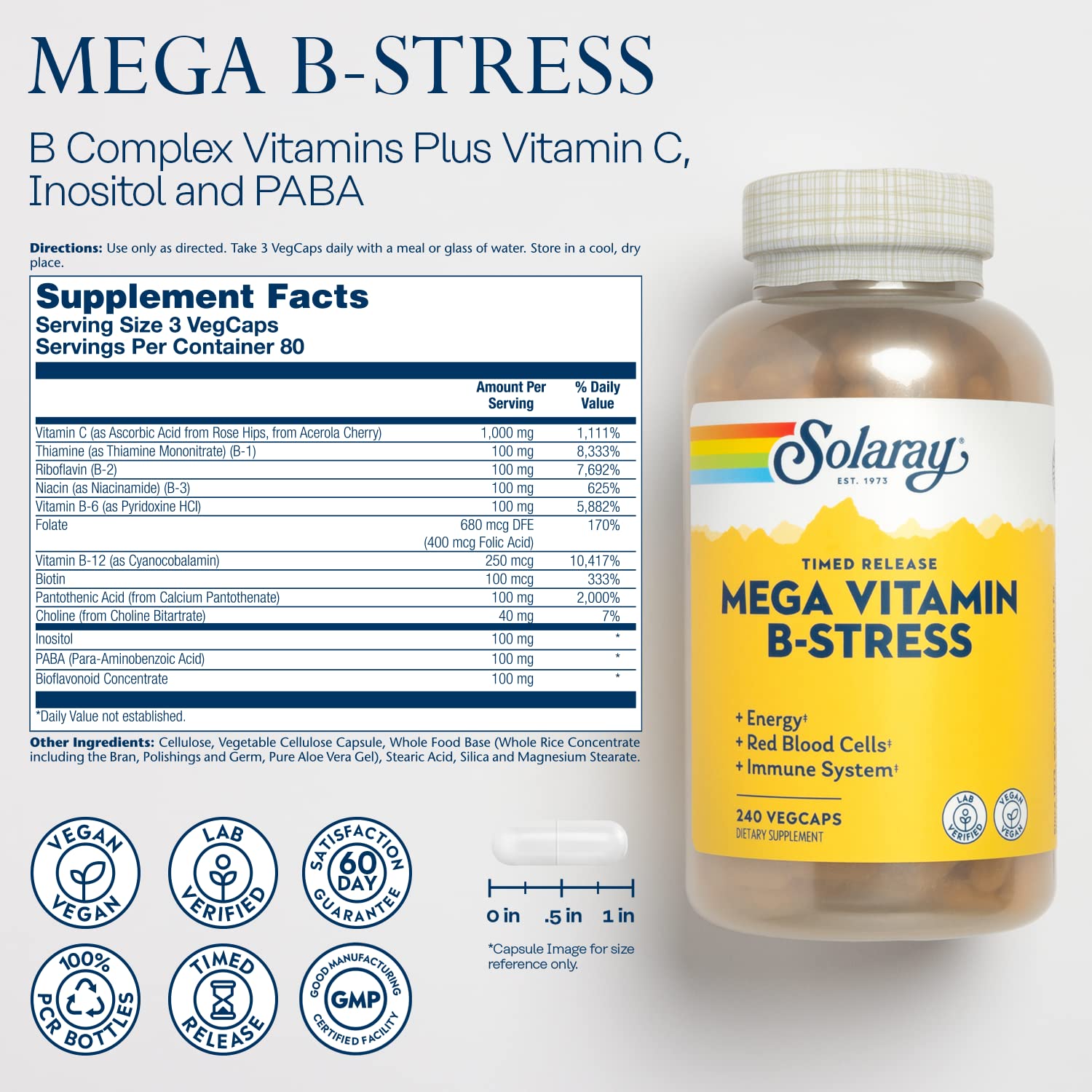 SOLARAY Mega Vitamin B-Stress tablets pack showing daily dose