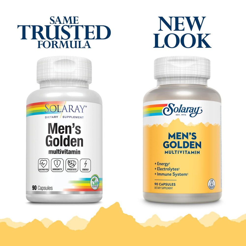 SOLARAY Men's Golden Multi-Vitamin Capsules pour, ideal for daily wellness routines.