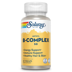 SOLARAY Methyl B Complex bottle packshot highlighting vegan B vitamins for daily energy.