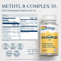 SOLARAY Methyl B Complex capsule closeup showing easy-to-swallow tablets for daily use.