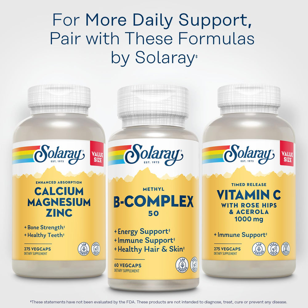 SOLARAY Methyl B Complex serving-size image shows 60 servings for ongoing support.