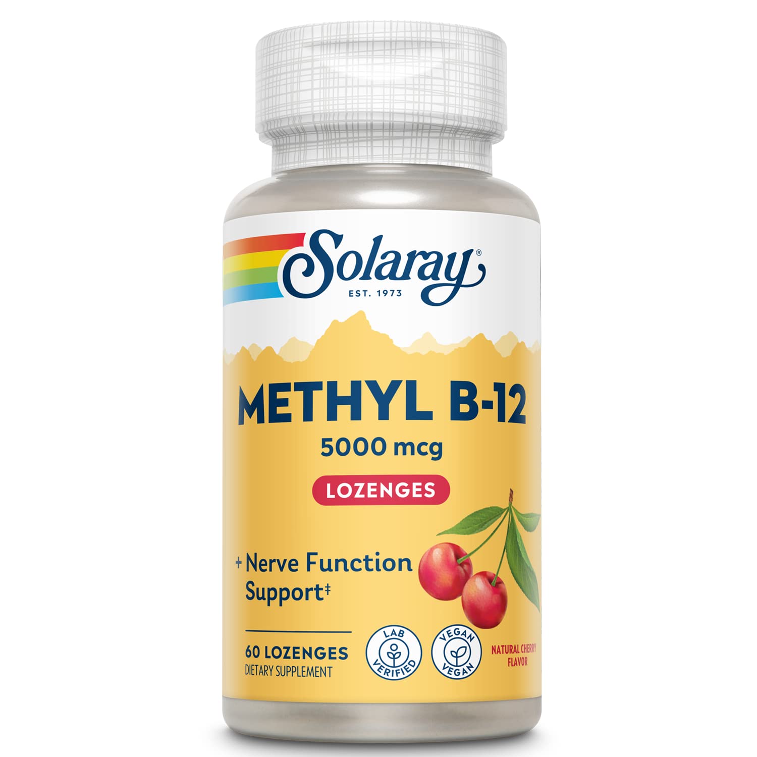 Solaray Methyl B12 Cherry lozenge bottle highlights 60 count and daily energy support.