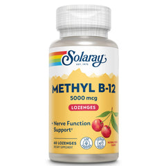 Solaray Methyl B12 Cherry lozenge bottle highlights 60 count and daily energy support.