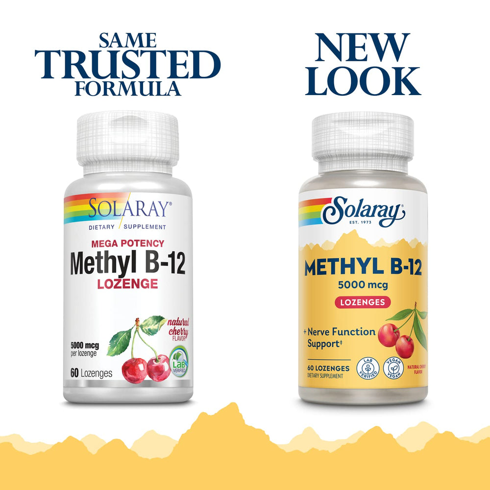 Solaray Methyl B12 Cherry lozenge pack close-up showing eco-friendly PCR bottle reduces plastic waste.