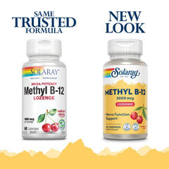 Solaray Methyl B12 Cherry lozenge pack close-up showing eco-friendly PCR bottle reduces plastic waste.