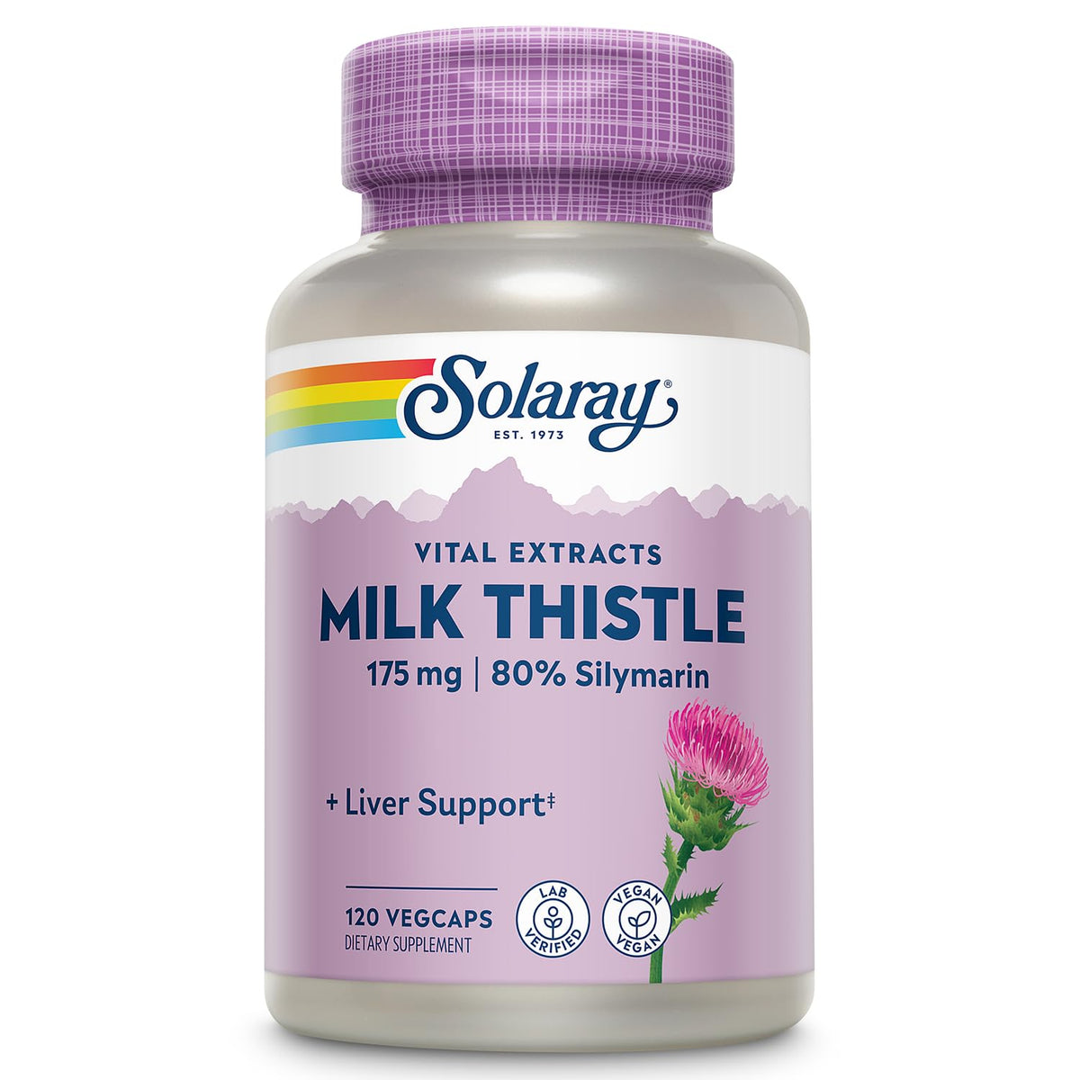 SOLARAY Milk Thistle bottle close-up highlighting 120 vegan capsules for liver support
