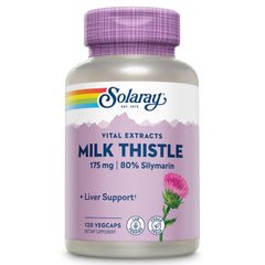 SOLARAY Milk Thistle bottle close-up highlighting 120 vegan capsules for liver support