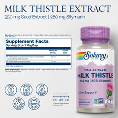 SOLARAY Milk Thistle capsules closeup communicates vegan daily liver support.