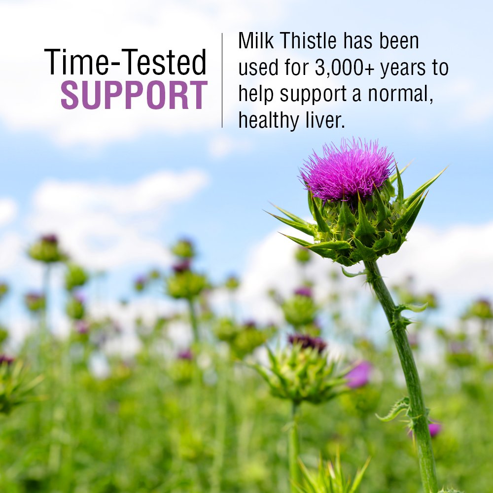 SOLARAY Milk Thistle label shows vegan, non-GMO formula.