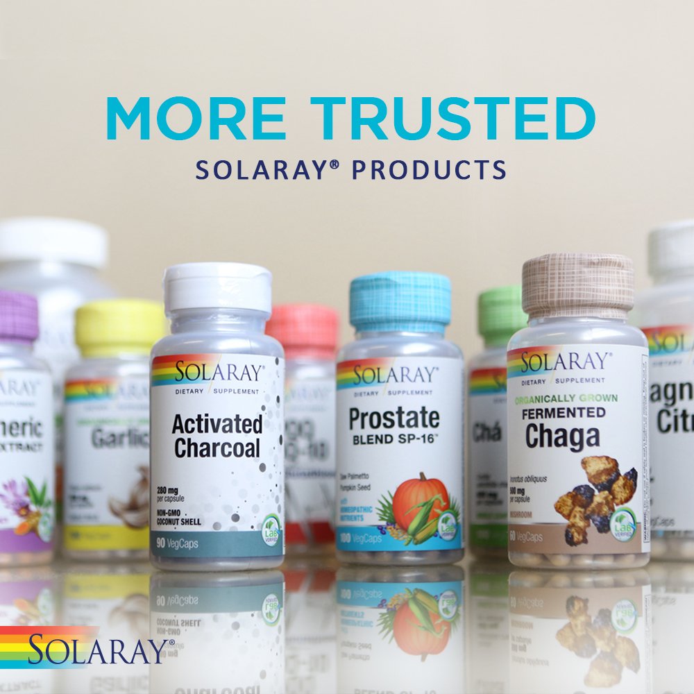 SOLARAY packaging highlights 100% PCR recycled-plastic bottles.