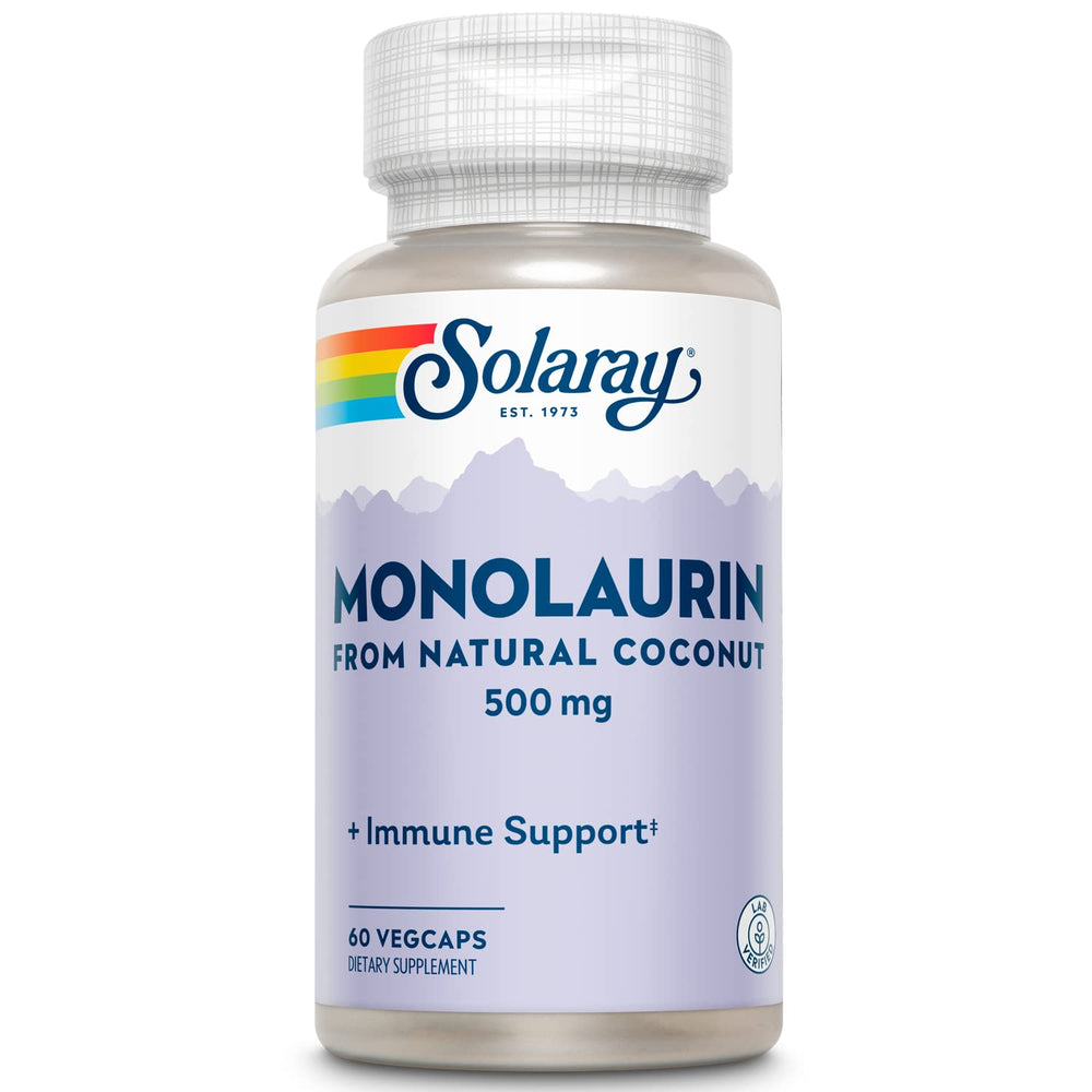 SOLARAY Monolaurin 500mg bottle with 60 vegan capsules for daily nutritive support.