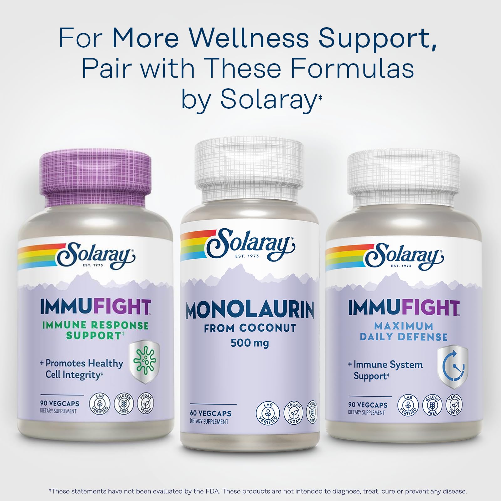 SOLARAY Monolaurin bottle with recycling symbol promoting eco-conscious use.
